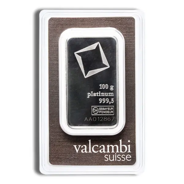 100 gram Platinum Bar Valcambi (Carded)