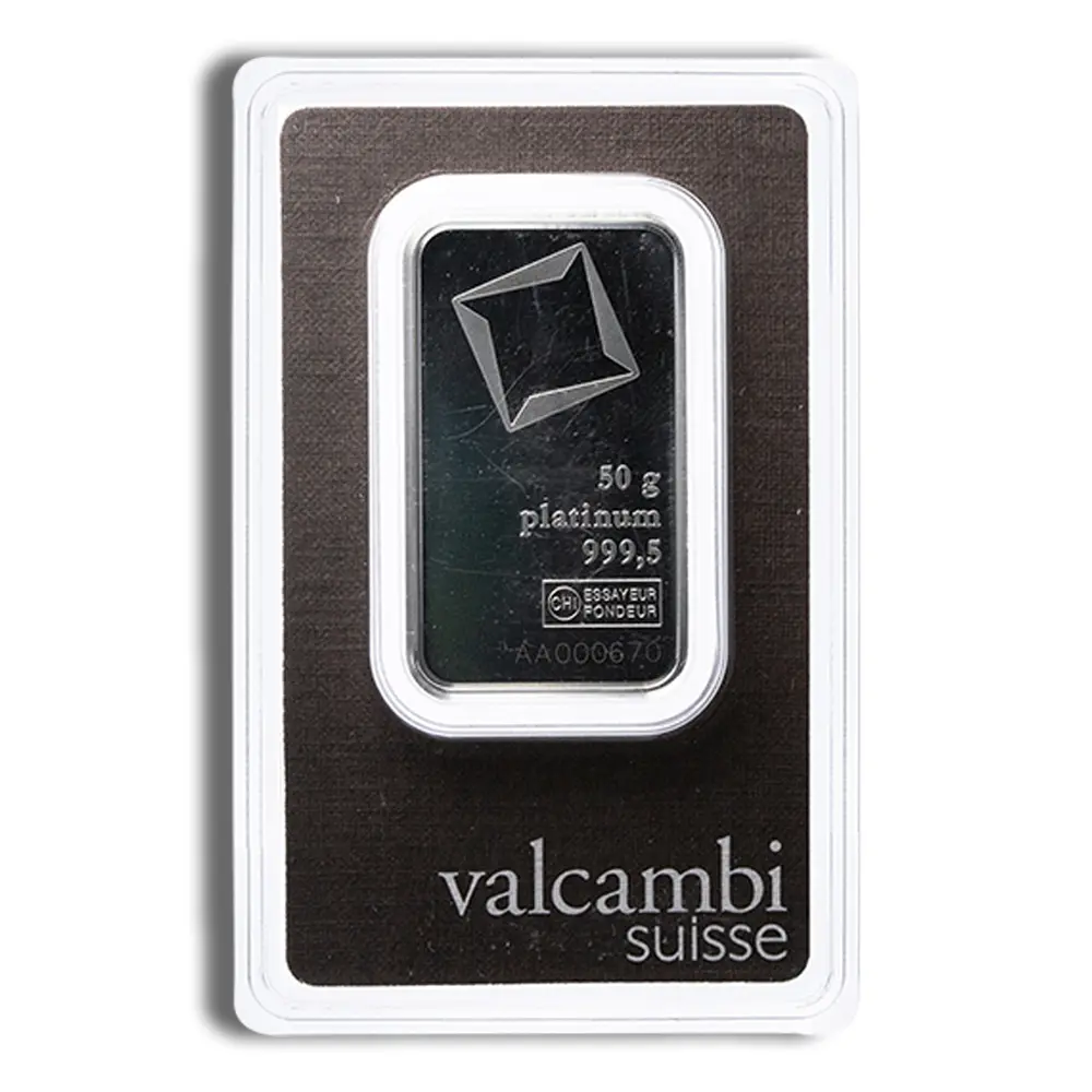 50 gram Platinum Bar Valcambi (Carded)