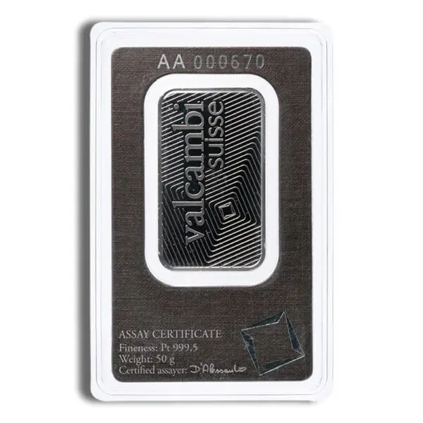 50 gram Platinum Bar Valcambi (Carded)