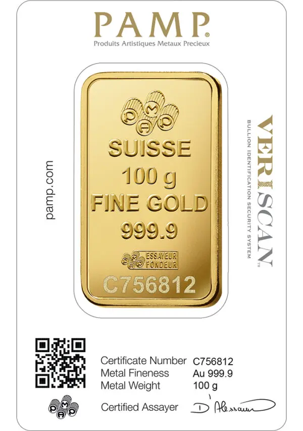 100 gram Gold Bar PAMP Fortuna (Carded)